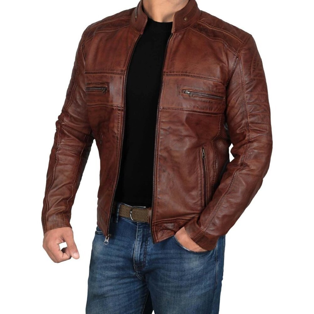 🆕Men’s Brown Decrum Real Lambskin Leather Jacket Cafe Racer Motorcycle - Picture 2 of 5